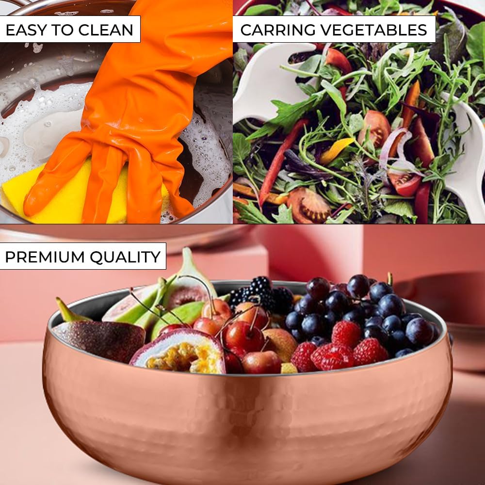 Avador® Set of 3 Premium Stainless Steel Salad Mixing Bowl Hammered Finish | Handmade | Includes Salad Serving Utensils (Copper Plated)
