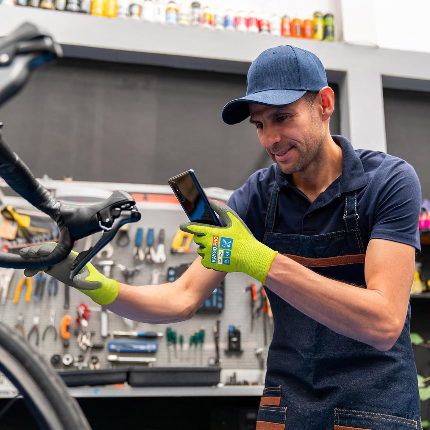 KAYGO Safety Work Gloves PU Coated for Men and Women, KG11P 12 Pairs, Seamless Knit Glove with Two Fingers Touchscreen,Ideal for General Duty Work (Green,S)