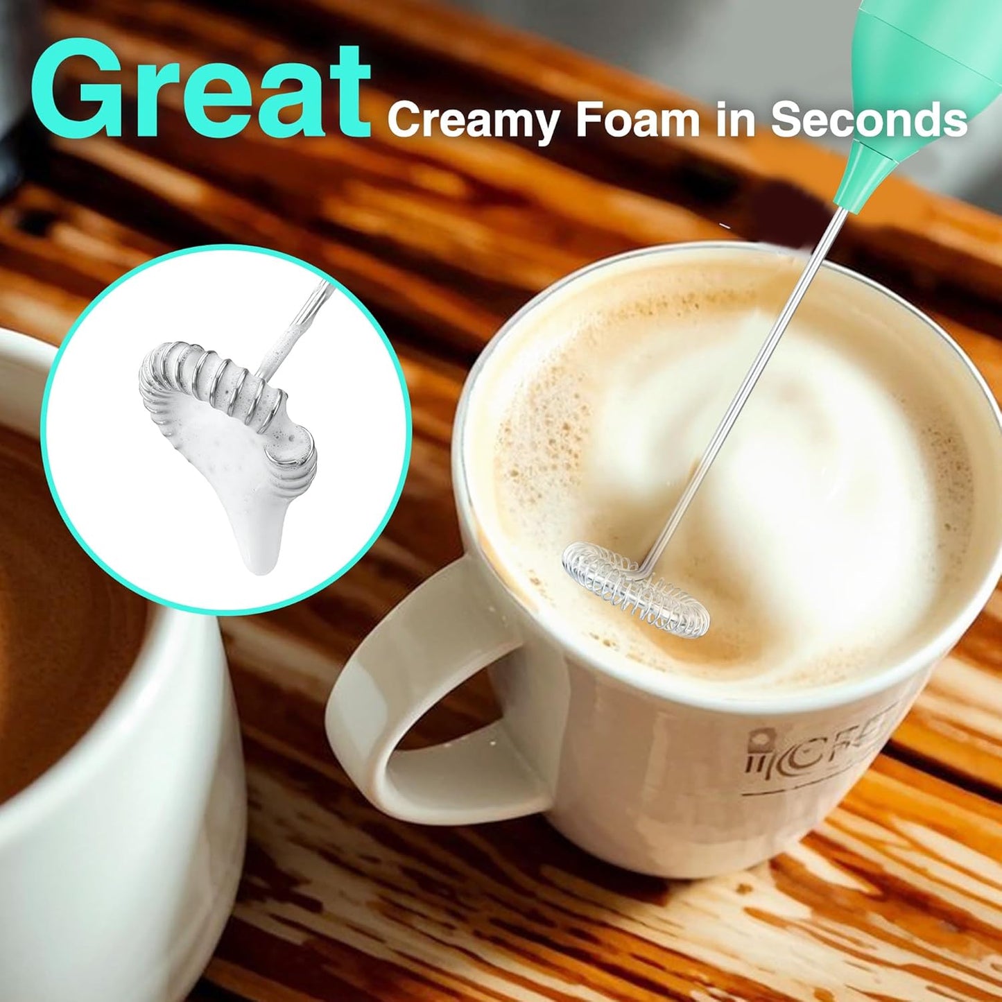 HAUSHOF Powerful Rechargeable Milk Frother Wand with Stand, Handheld Electric Foam Maker, Drink Mixer with Detachable Stainless Steel Whisk for Coffee Latte, Cappuccino, Matcha, Green