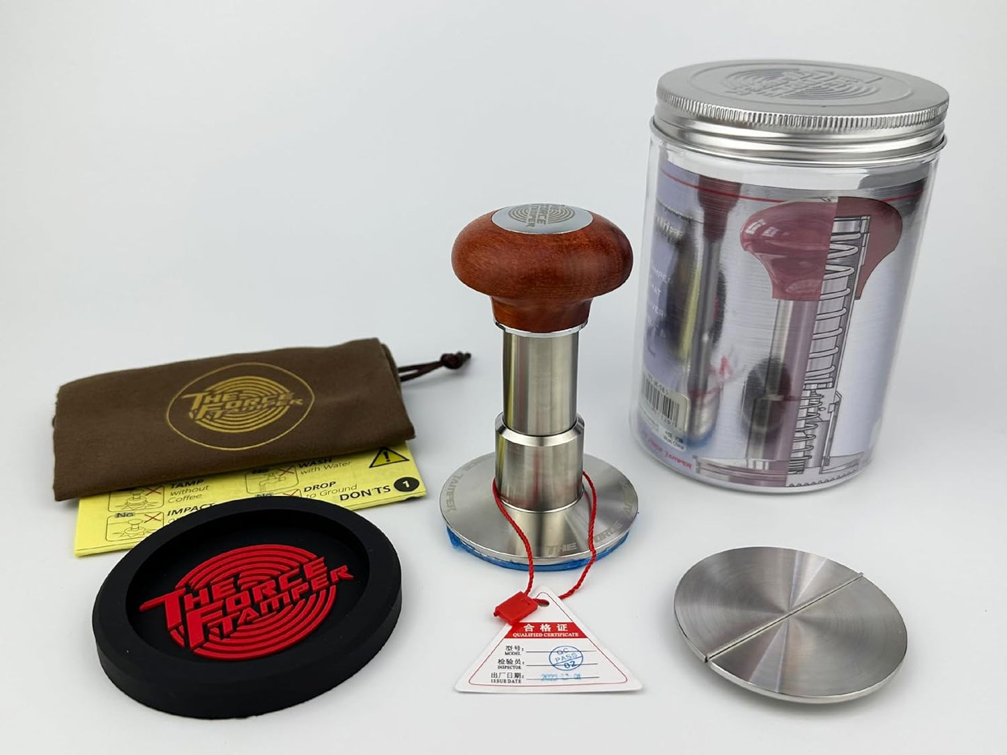 The Force Tamper Automatic Impact Adjustable Constant Pressure and Autoleveling Coffee Tamper Reddish Brown Jellyfish Wooden Handle Set Pro (Flat-Distribute Set, 54.00mm)