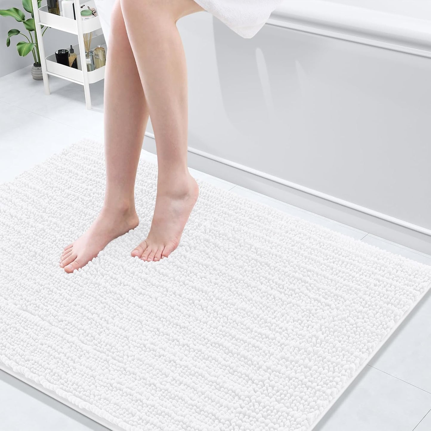 Arotive Luxury Chenille Bathroom Rug Mat, Extra Soft Thick Absorbent Shaggy Bath Rugs, Non-Slip Machine Wash Dry, Plush Bath Mats for Bathroom, Shower and Tub, 44x32, White