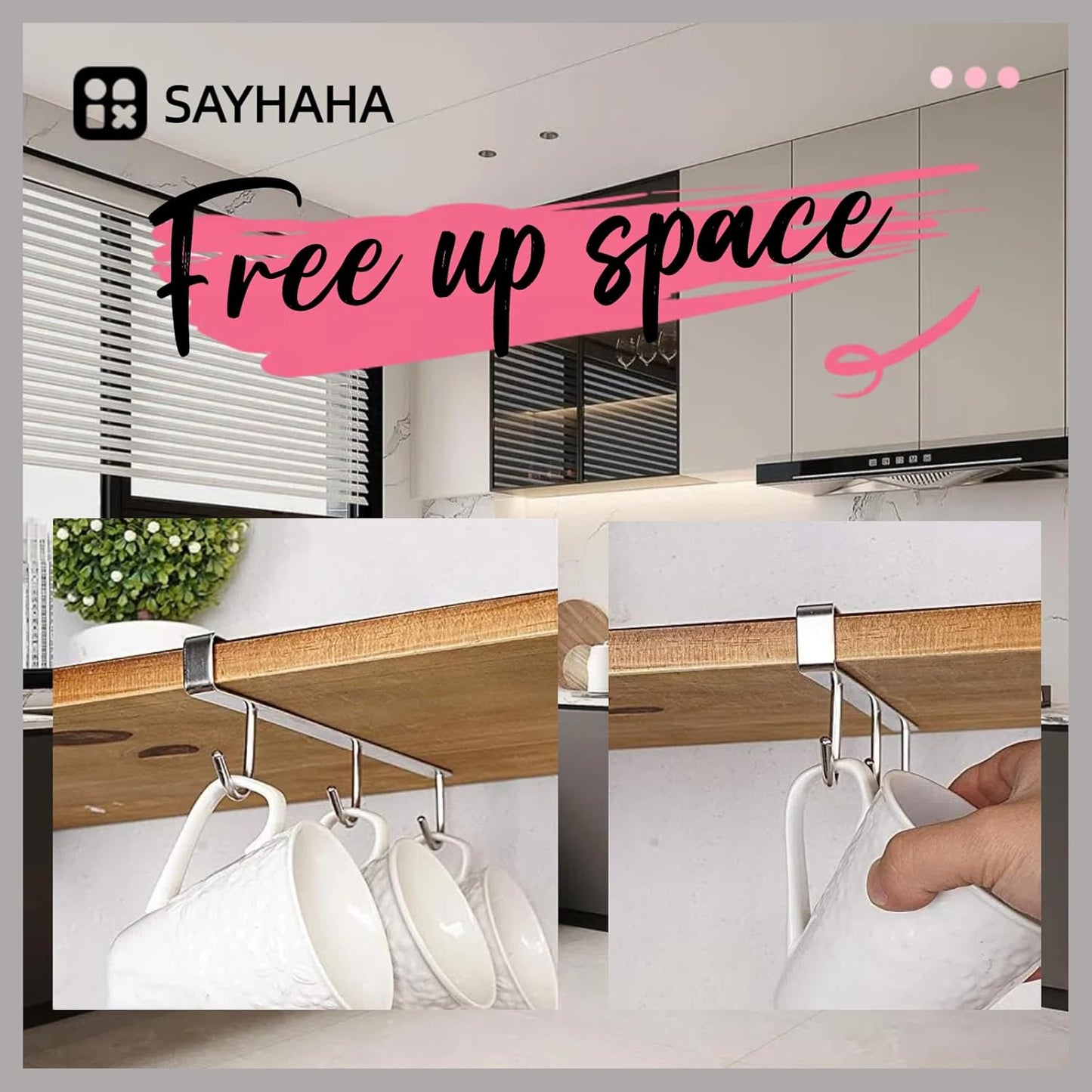 Mug Hooks Under Cabinet , 304 Stainless Steel Cup Hooks for Hanging Under Shelf, Mug Organizer Rack with 9 Hooks for Displaying Mugs, Coffee Cups and Kitchen Utensils,Fit for 0.8" or Less thickness