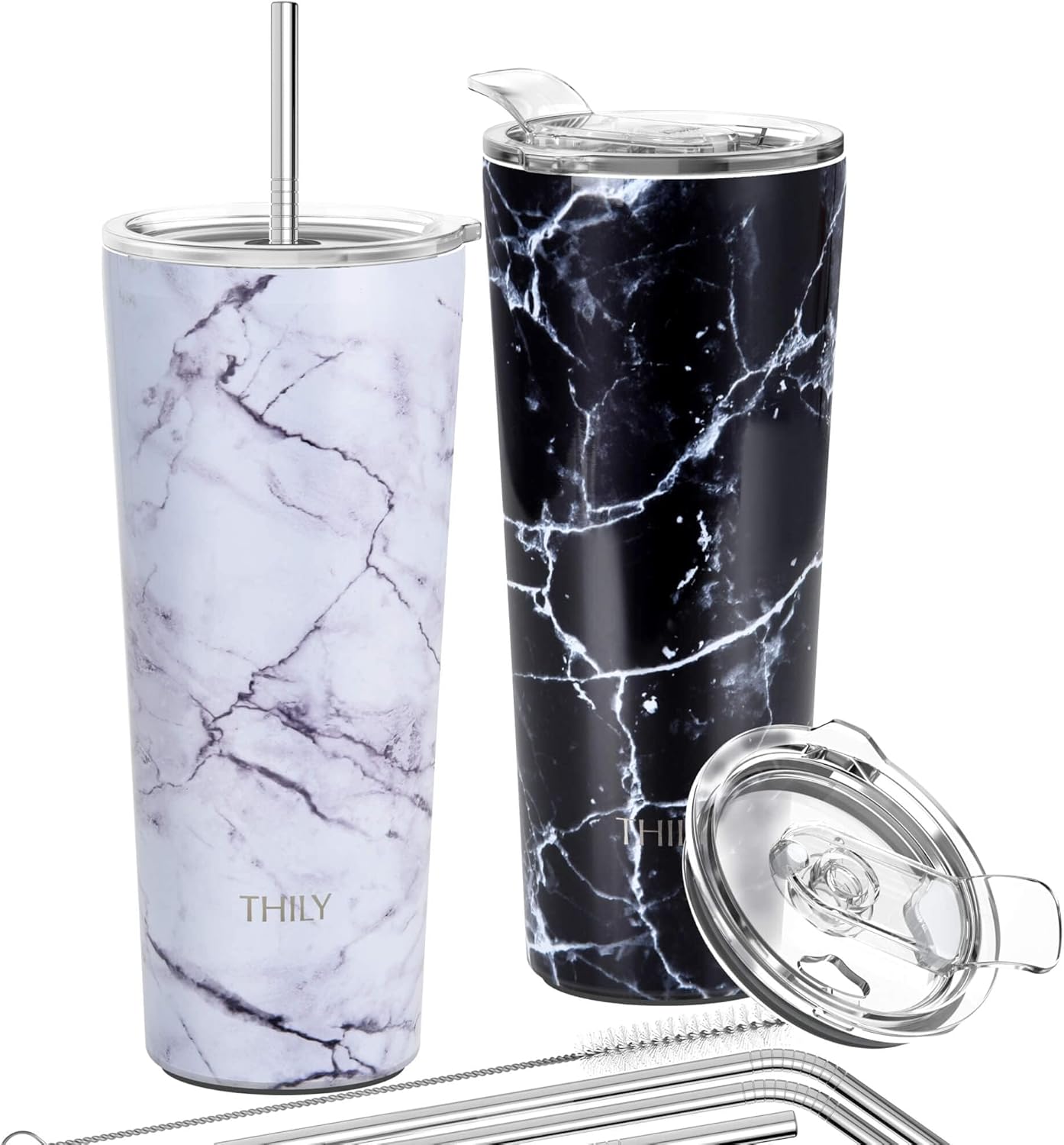 THILY Stainless Steel Vacuum Insulated Tumbler 26 oz Triple-Insulated Travel Mug with Splash-Proof Lid, for Iced Coffee and Hot Beverage, White Marble + Black Marble
