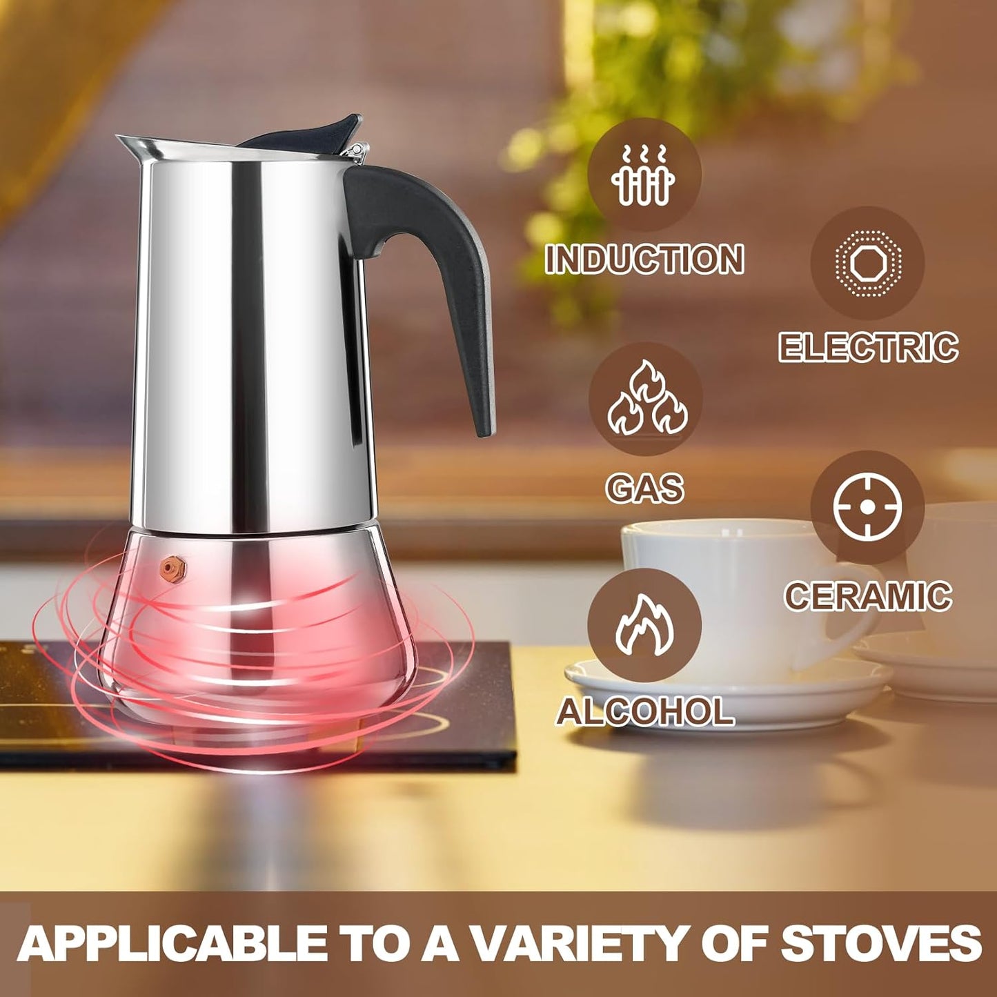 9 Cup Stovetop Espresso Maker Stainless Steel Moka Pot Stove Top Percolator Italian Coffee Makers Capable Mocha Greca Machine Cafe Classic Induction Cookers for Home and Camping 450ml 15oz