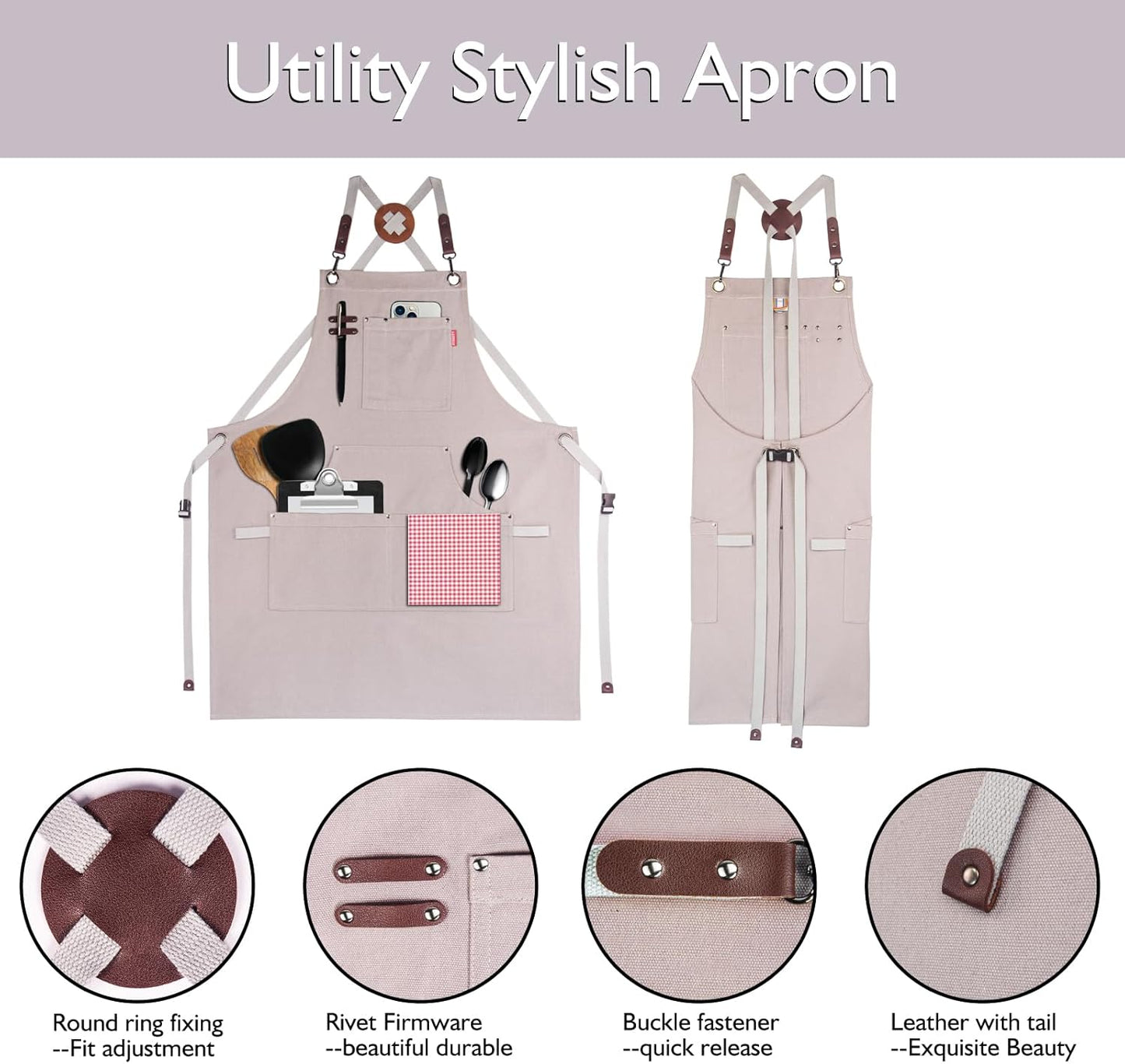 Kitchen Apron, Work Apron, Canvas, Multiple Pockets, Gardening, Painting, BBQ, Artist, Carpenter, Sizes M to XXL, Grey