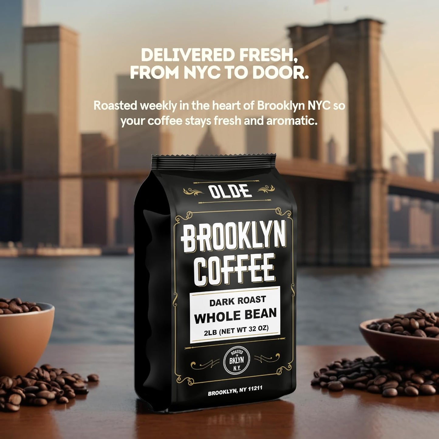 BROOKLYN COFFEE Whole Bean, Classic Dark Roast (2lb) Bold, Smooth Taste, Intense Aroma - Fresh Bulk Coffee Beans Roasted Weekly in NYC