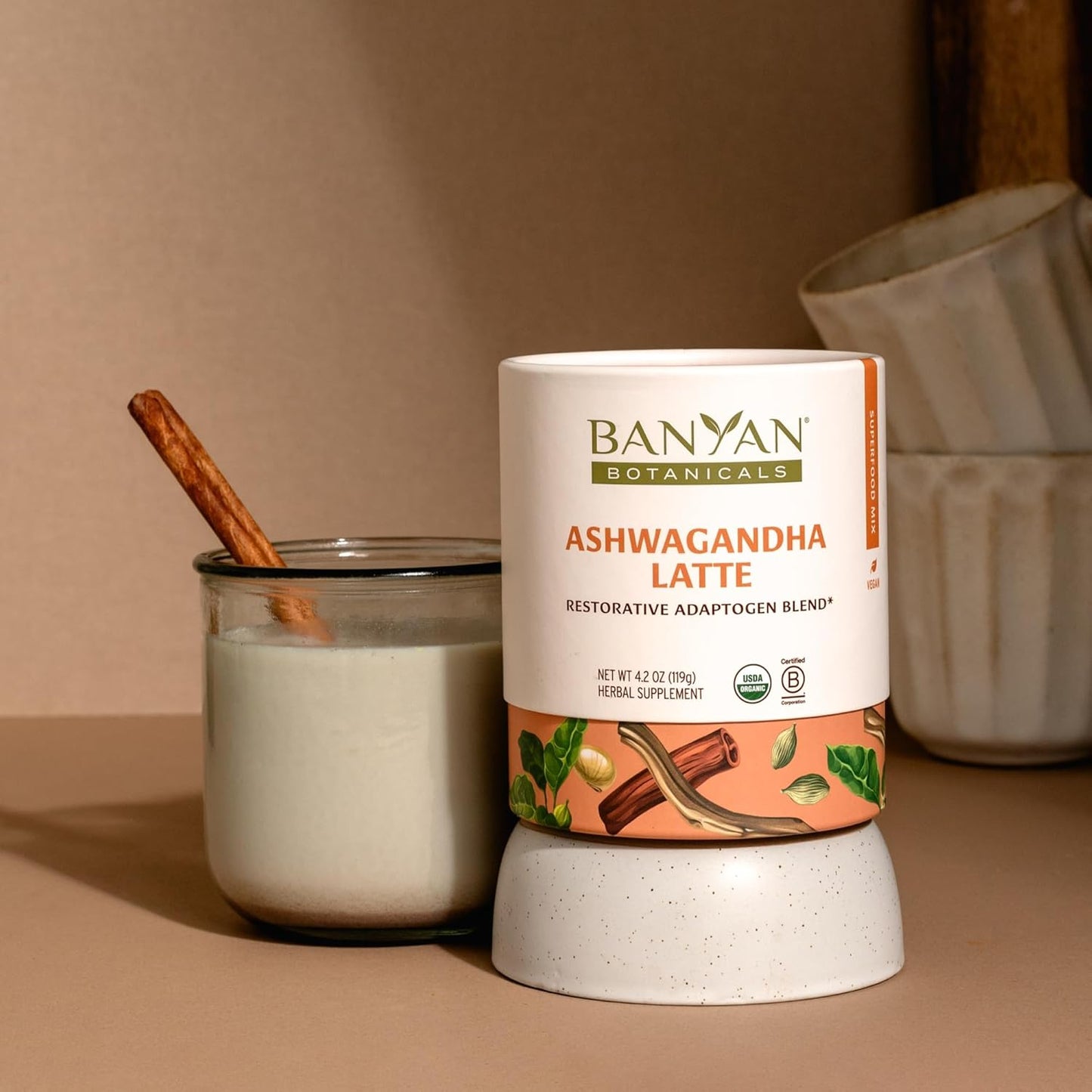 Banyan Botanicals Ashwagandha Latte – Caffeine-Free Organic Herbal Latte Mix – Instant Herbal Adaptogen Drink for Energy, Relaxation, and Nourishment* – 4.2 oz – Non-GMO Sustainably Sourced Vegan
