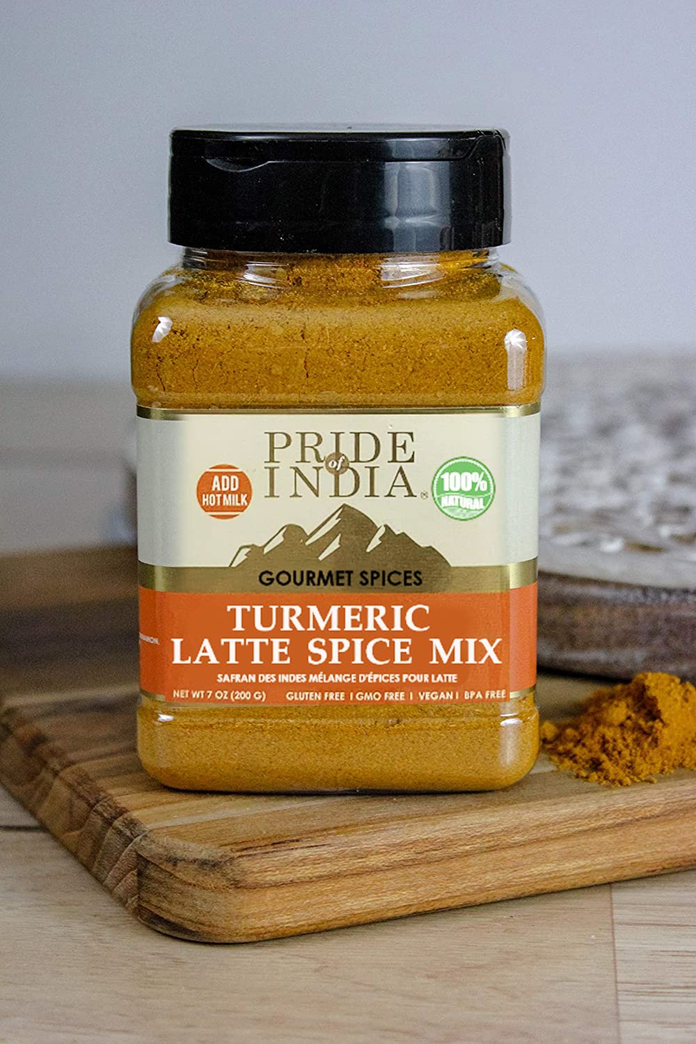 Pride of India – Turmeric Latte Spice Mix – Gourmet & Warm Tea Spice Blend – Healthy/Gluten-Free – Ideal for Lattes/Smoothies/Golden Milk – Easy to Store – 7 oz. Medium Dual Sifter Bottle