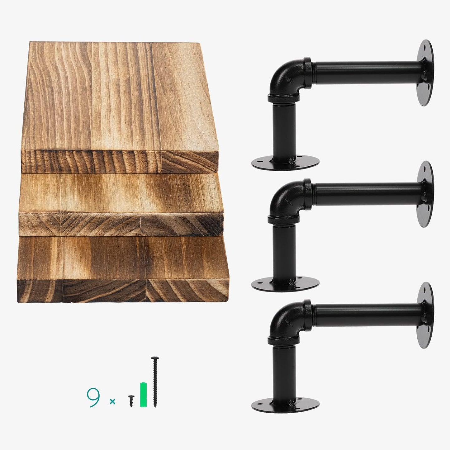 Navaris Industrial Pipe Shelf Set - 3 Small Wooden Shelves with Black Pipe Brackets - 5.9" x 7.9" Wall-Mounted Wood Shelving - Size S, Burnt Brown