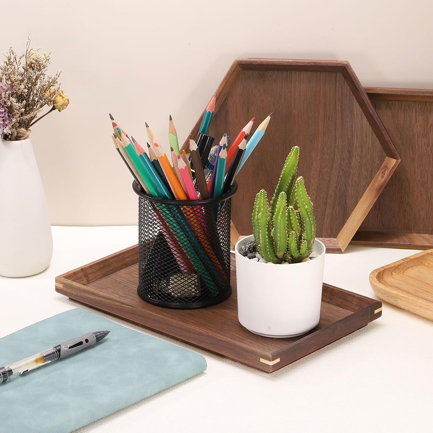 uxcell Bamboo Serving Tray, 8 x 8 Inch Square Wooden Trays Portable Serving Platters for Food Fruit, Snacks, Bread, Vanity, Weddings, Picnics, Brown (Inner Slant)