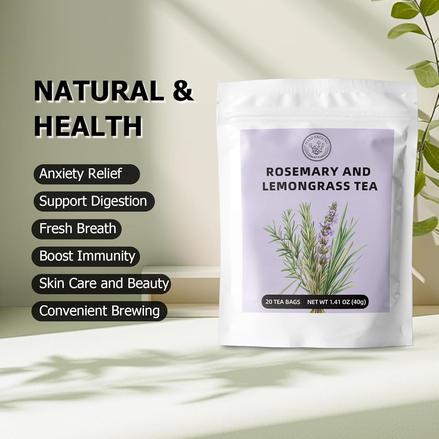 HANFANGLING Rosemary Lemongrass Herbal Tea - 20 Tea Bags, Natural Blend of Rosemary & Lemongrass, Caffeine-Free, Refreshing & Uplifting, Relaxation & Digestion