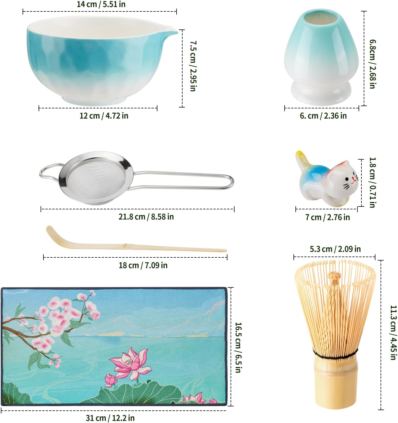 Aganippe 7 Pcs Matcha Whisk Set,Matcha Set, Matcha Kit, Matcha Tea Set,Matcha Bowl Set with Cat Scoop Holder, Tea Cloth, Sifter(Gradient Turquoise)