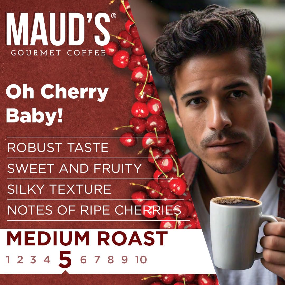 Maud's Cherry Flavored Coffee Pods, 18 ct, Medium Roast Flavored Coffee in Recyclable Single Serve Pods – 100% Arabica Beans, Compatible with Keurig K Cups Maker