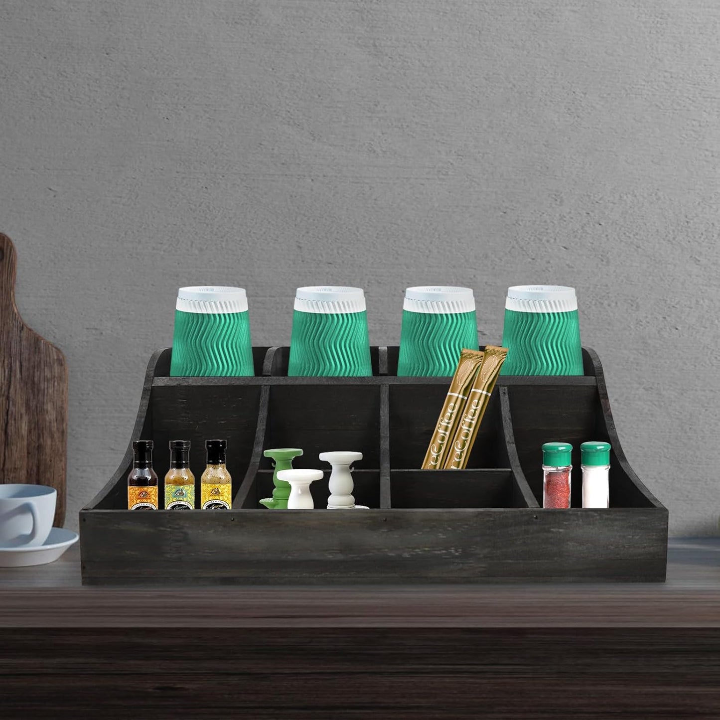 Coffee Bar Organizer for Countertop, Wooden Condiment Organizer Coffee Station Organizer Coffee Cup Syrup Pod Holder, Coffee Bar Organizer for Home Office Cafe, 9 Compartment, Black