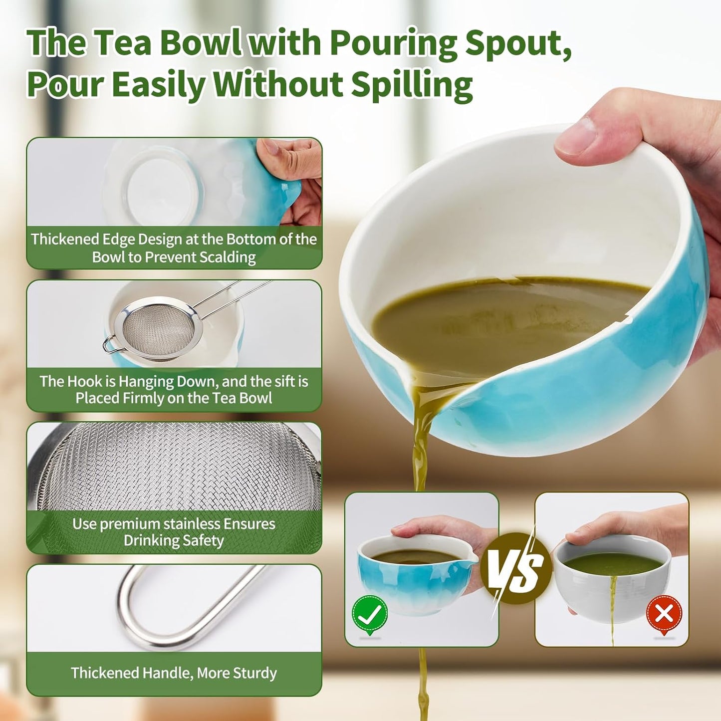 Aganippe 7 Pcs Matcha Whisk Set,Matcha Set, Matcha Kit, Matcha Tea Set,Matcha Bowl Set with Cat Scoop Holder, Tea Cloth, Sifter(Gradient Turquoise)