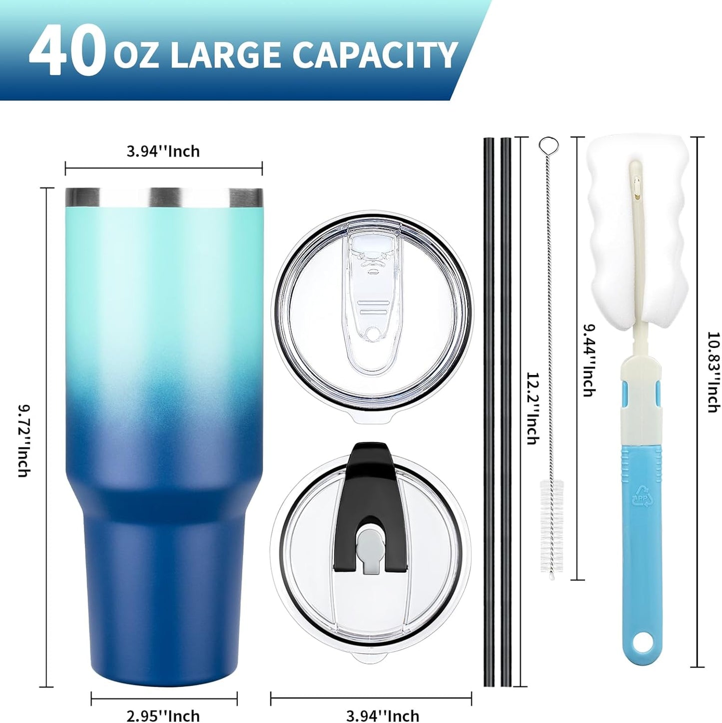 40 oz Tumbler with Lids and Straws, Stainless Steel Insulated Coffee Tumbler, Double Wall Vacuum Insulated Travel Mug Cup, Leakproof Thermal Coffee Cup for Hot and Cold Drink (Light Dark Blue)