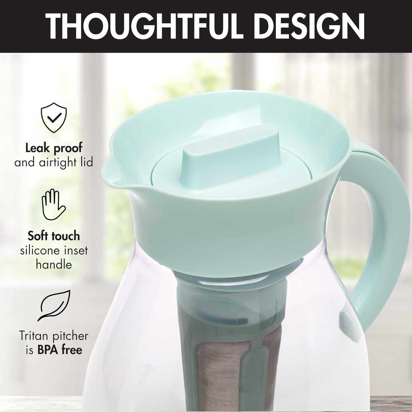 Primula The Big Iced Tea Maker and Infuser, Plastic Beverage Pitcher with Leak Proof, Airtight Lid, Fine Mesh Reusable Filter, Made without BPA, Dishwasher Safe, Aqua