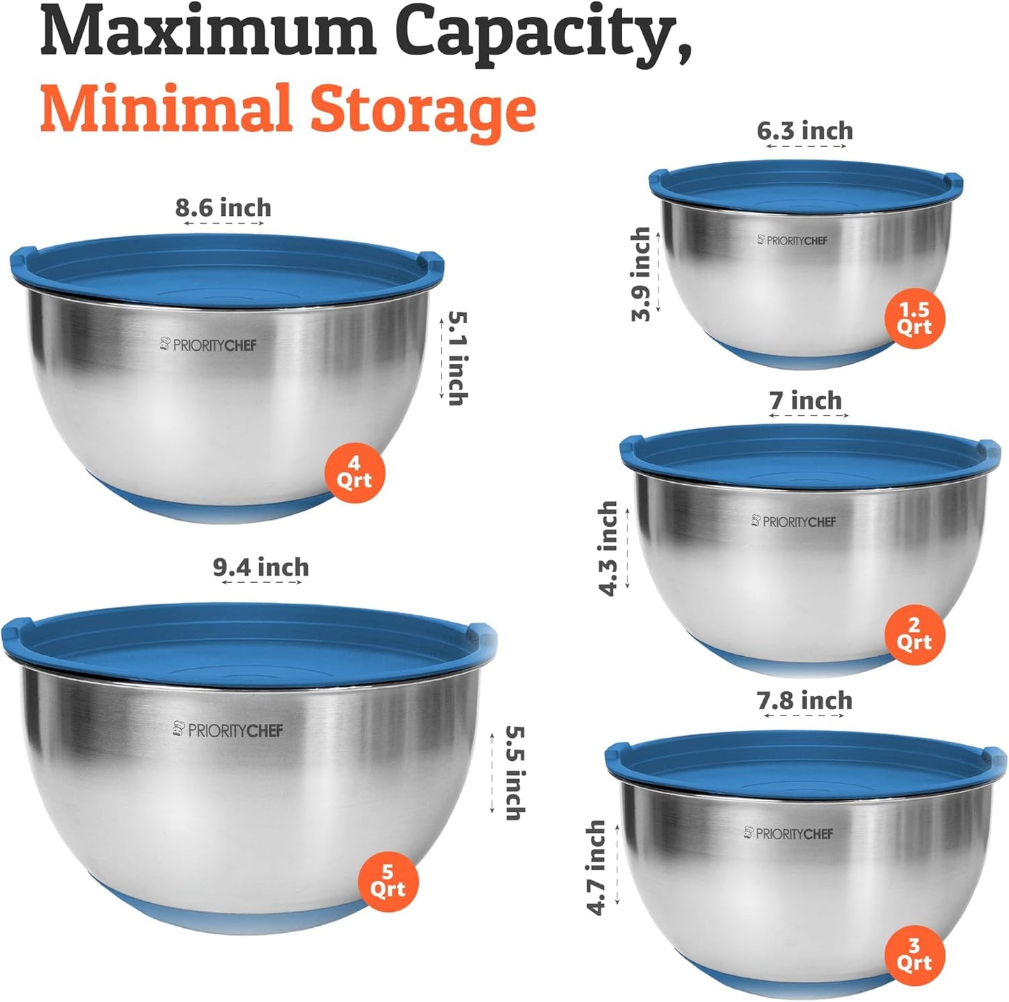 Priority Chef Premium Mixing Bowls With Airtight Lids Set, Thicker Stainless Steel Mixing Bowl Set, Large Prep Metal Bowls with Lids, Nesting Bowls for Kitchen, 1.5/2/3/4/5 Qrt, Blue
