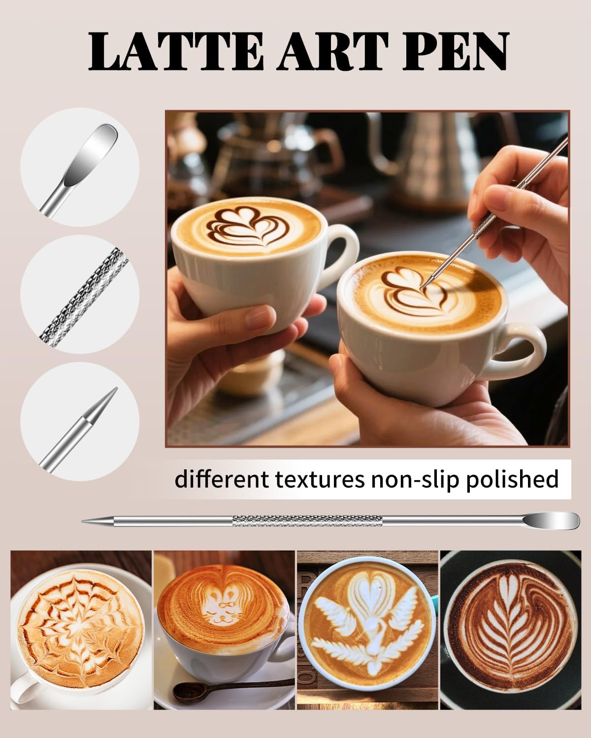 Milk Frothing Pitcher 350ml/12oz Steaming Pitchers Stainless Steel Milk Cappuccino Coffee with Decorating Art Pen, Powder Shaker, 16 Pieces Coffee Decorating Stencils