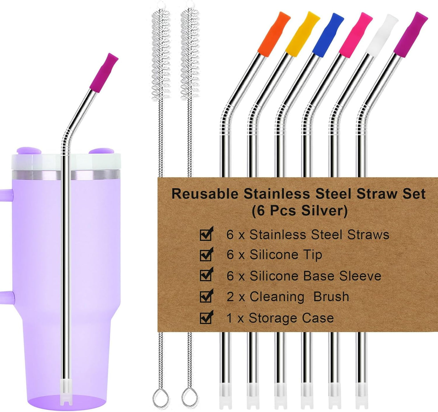 Newly Upgraded 10.5In Metal Straws Reusable Set 6 PCS with12 Silicone Accessories, 2 Straw Brush, 1 Storage Case, BPA Free, Eco-Friendly Stainless Steel Straws for 14, 20, 30,40 oz Tumbler