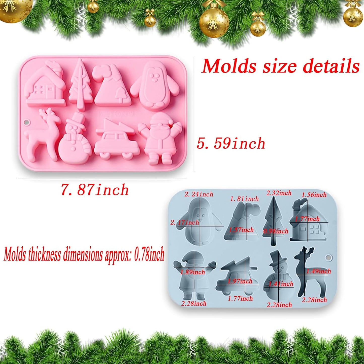 2 Pack Christmas Silicone Chocolate Molds, 3D Snowman Elk Xmas Tree Penguin Santa Claus Snowmobile Christmas Hat House Shape Candy Baking Molds for DIY Handmade Soap Mini Cakes Jello Fondant
