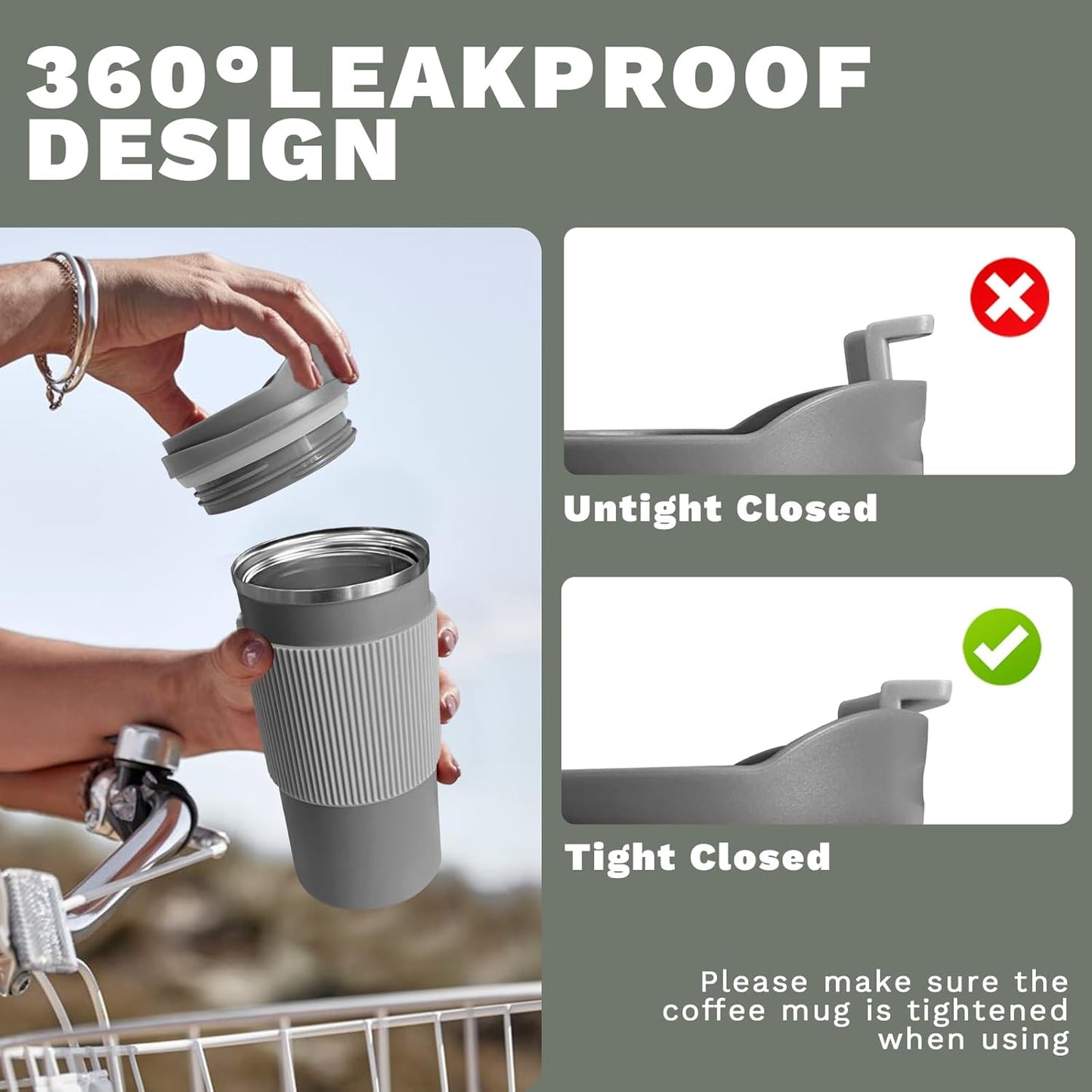 YINBAOGE Insulated Travel Coffee Mug Spill Proof Leak Proof Pobtable To Go Camping Stainless Steel Coffee Tumbler Reusable Coffee Cups with Lids Thermos for Hot and Cold Drink (4th-Gray, 15OZ)