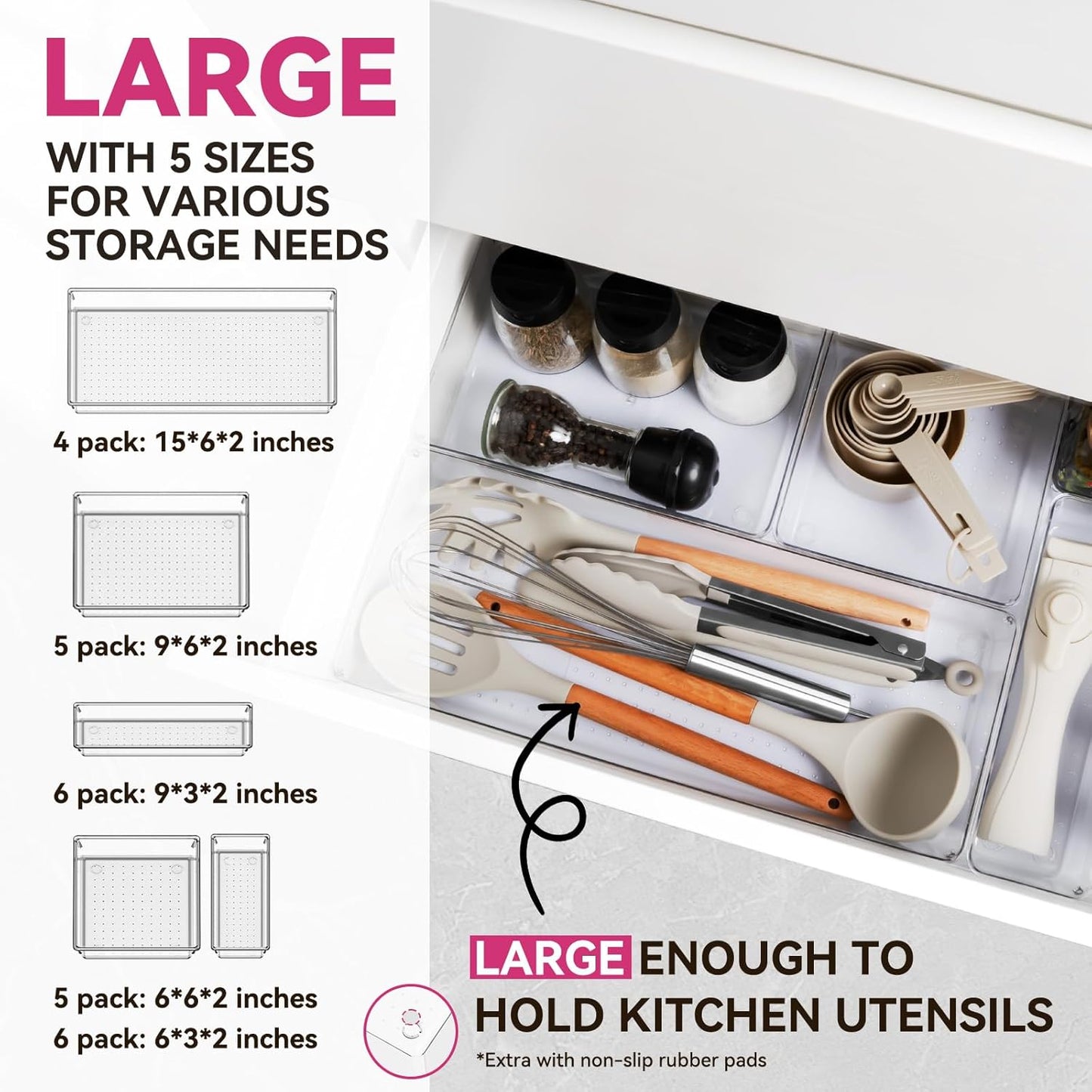 Criusia 26 Pack Large Clear Plastic Drawer Organizer Bins -5 Size Heavy Duty Acrylic Kitchen Drawer Organizers and Storage for Utensils -Bathroom Drawer Organizer Trays for Makeup Office Organization