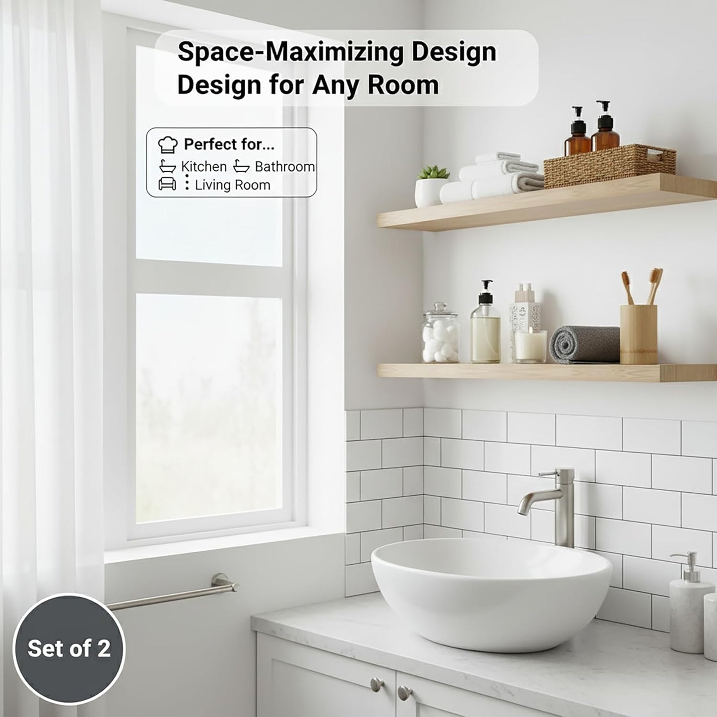 Lufia Floating Wall Shelves, Set of 2, MDF with Invisible Brackets, Modern Storage for Bedroom, Bathroom, Living Room, Kitchen (Oak, 32" W X 7" D X 1.5" H)