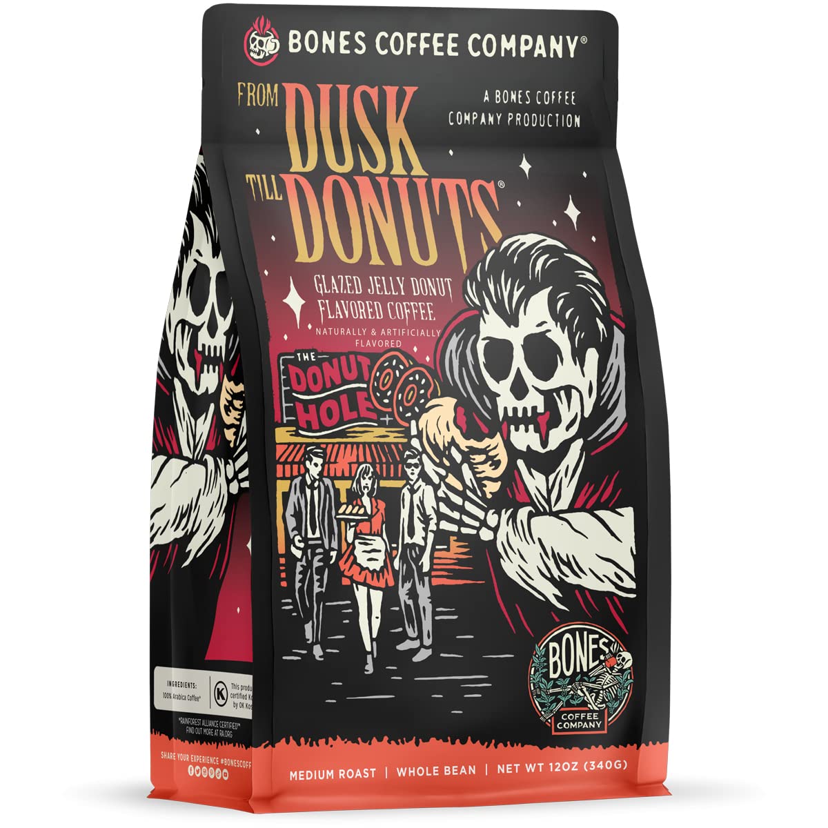 Bones Coffee Company From Dusk Till Donuts Jelly Donuts Flavored Coffee, Medium Roast Low Acid Arabica Beans Compatible with Auto drip and French Press Coffee Maker, 12 Oz Whole Bean