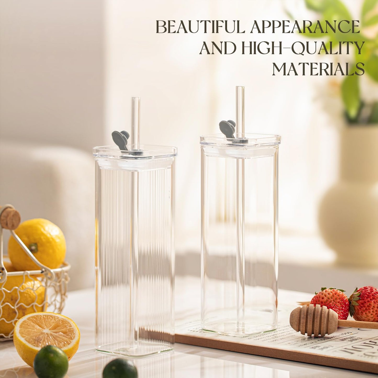6 Sets Square Drinking Glass Cups, Old Fashioned Glasses, 17 Oz Square Glasses, Clear Highball Modern Glassware Tumbler Mixed Drinkware with Straws for Cocktail Coffee Juice Beer (Square-6PCS)