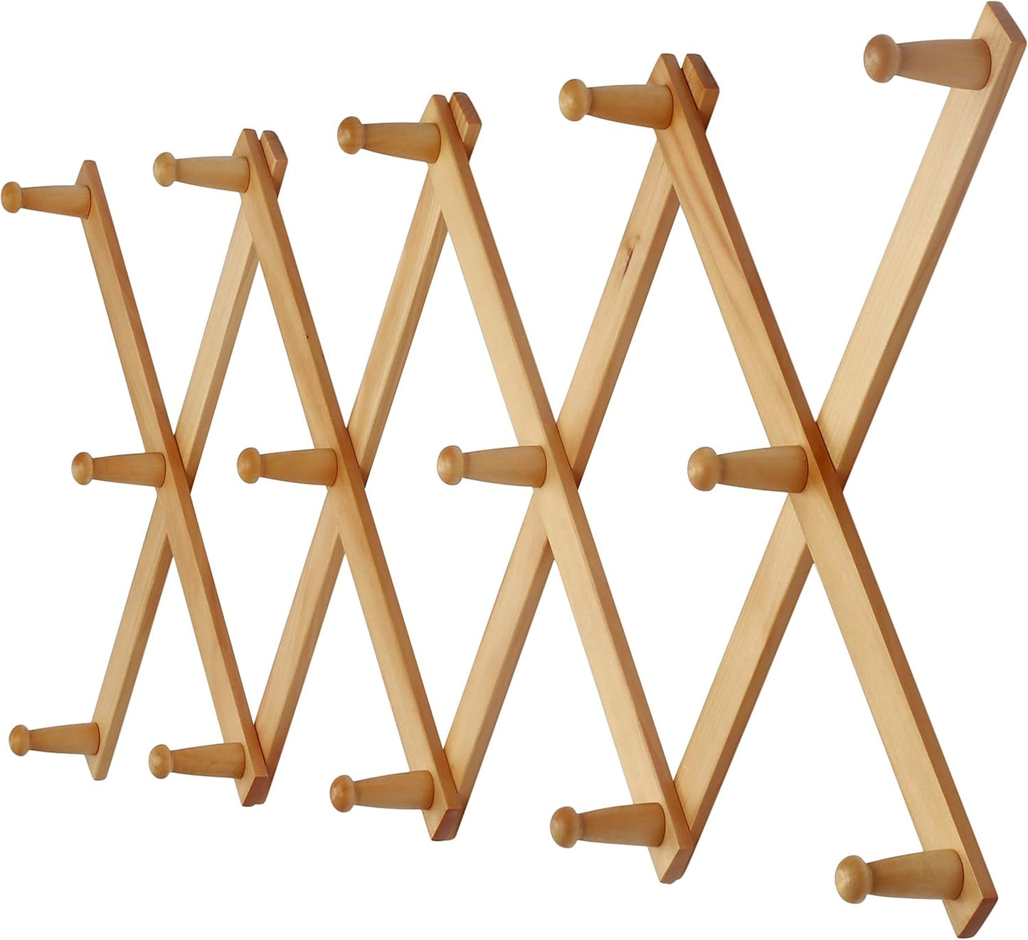 Dseap Accordian Wall Hanger: 16” High Wooden Wall Expandable Coat Rack, Hat Rack Holder, Accordion Hook for Baseball Caps, Coats, Mugs, 14 Peg Hooks, Natural