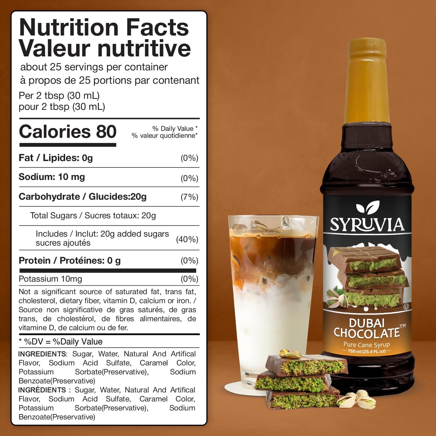 Syruvia Dubai Chocolate Coffee Syrup - 25.4 fl oz - Kosher Syrups, Gluten Free, No Coloring, Perfect for Drinks, Soda, Shakes, Desserts, and More.
