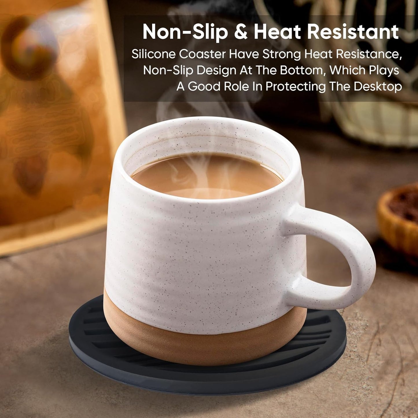 6 Pack Rubber Drink Coasters,Coasters for Drink with Holder,Silicone Cup Mat Non-Stick,Non-Slip,Thickened Live for Hot or Cold Drink-Pure Black