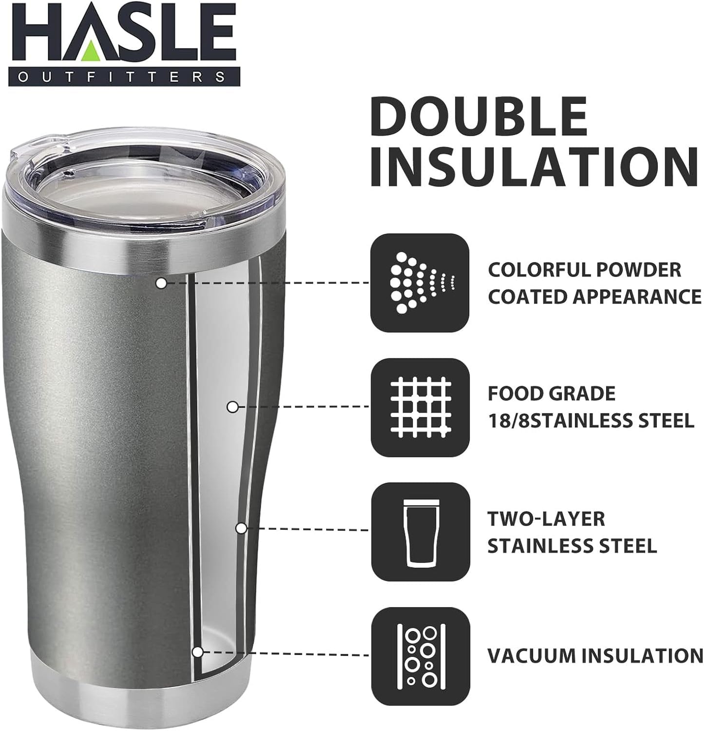 HASLE OUTFITTERS 20 oz Tumbler Bulk, Stainless Steel Tumblers with Lid, Vacuum Insulated Tumbler, Double Wall Tumbler Cup, coffee mugs, Gray, 1 Pack