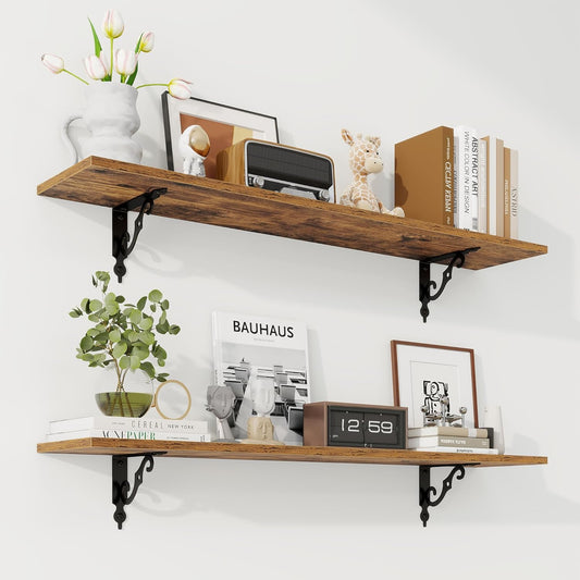 RICHFOCUS Floating Shelves for Wall Decor, 39.4W x 8D Wall Shelves Set of 2, 8 Inch Deep Rustic Wood Shelves Wall Mounted with Brackets, Long Shelves for Living Room Bedroom Kitchen, Rustic Brown