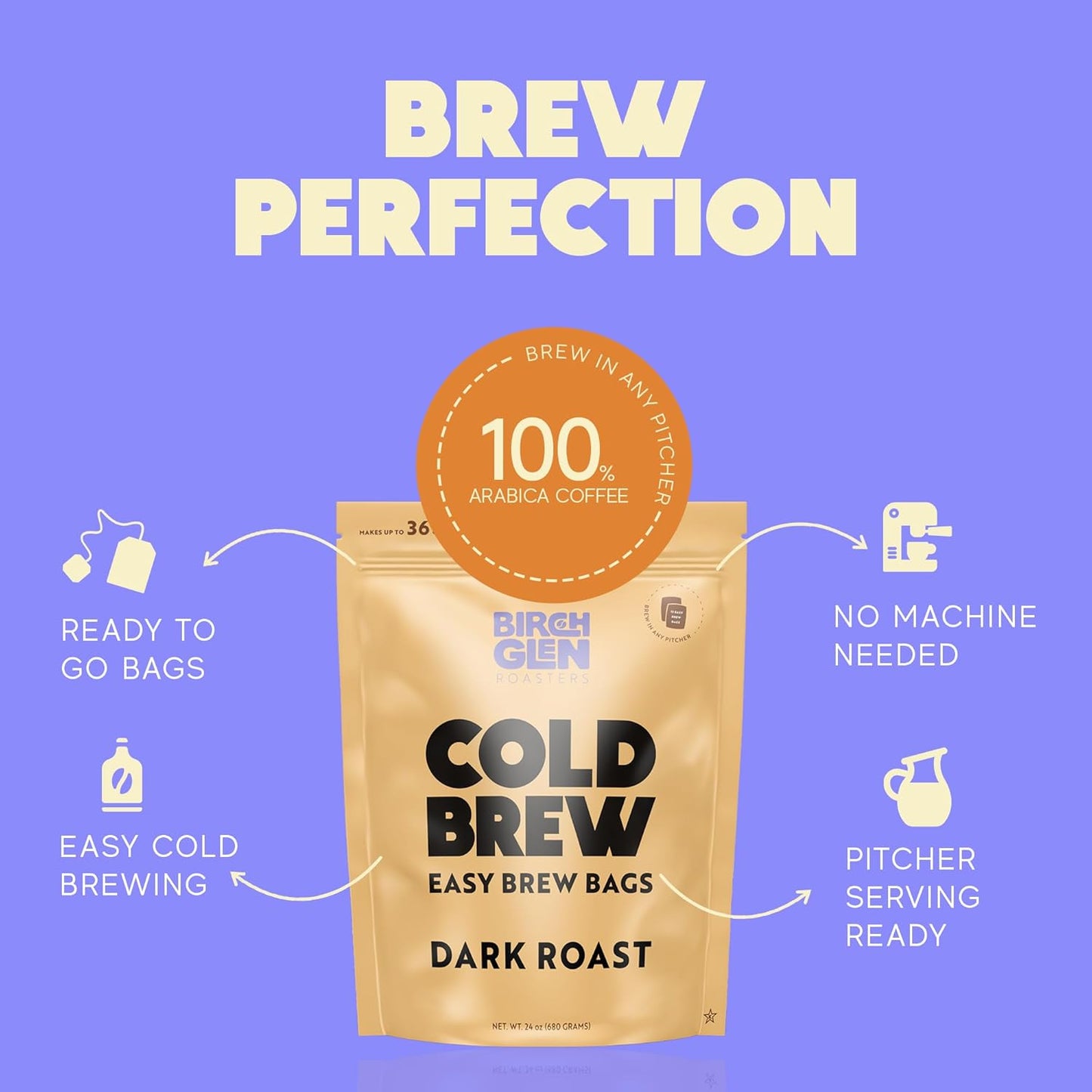 Birch Glen Roasters Cold Brew Coffee Bags - 12 Pack of Coarse Ground Coffee Filter Pitcher Packs for Easy Brewing - 100% Arabica - Yields 6 Pitchers - French Vanilla Flavor