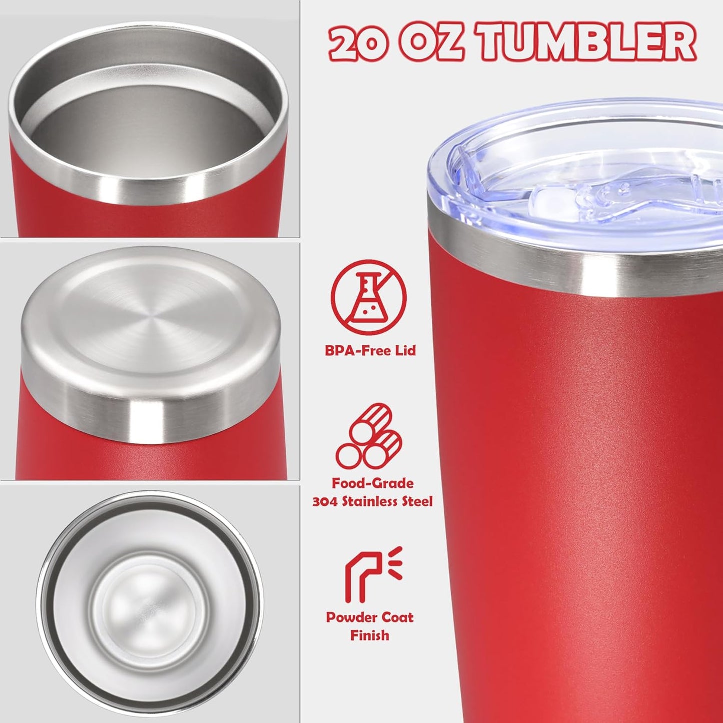 20oz Tumbler Stainless Steel Tumbler Cup with Lid Vacuum Insulated Double Wall Travel Mug, Durable Powder Coated Travel Coffee Tumbler Mug for Hot & Cold Drinks, Red,1 Pack