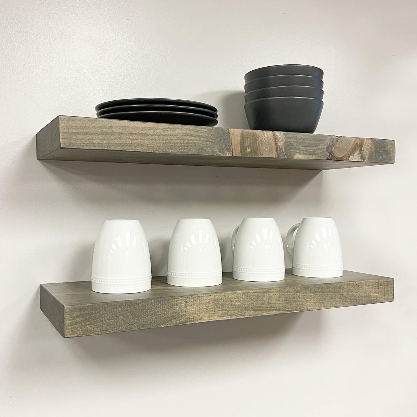 URBANDI, Rustic Floating Shelves, Set of 2, Hidden Bracket, Solid Wood, Heavy Duty, Wall Mounted Shelves, (Grey, 36Wx6D)
