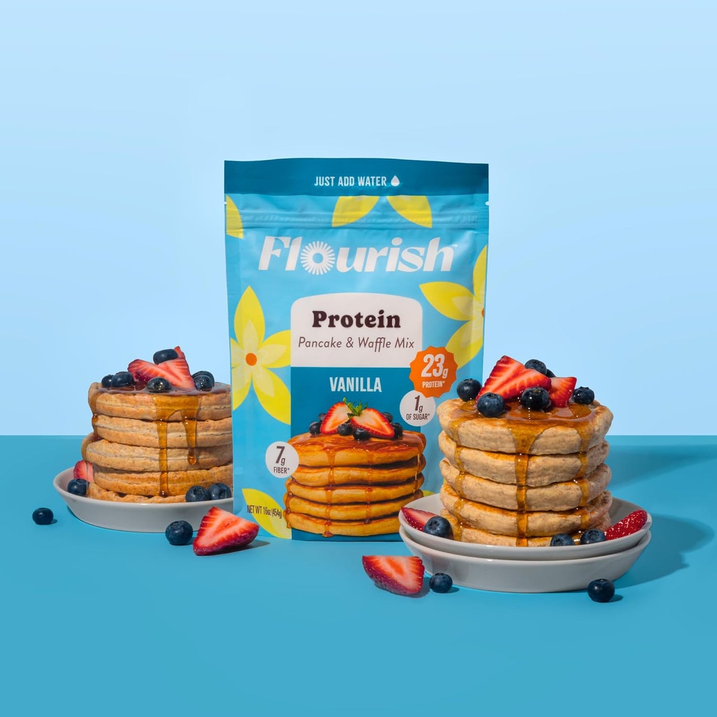 Flourish Protein Pancake & Waffle Mix, with Whey Protein & Flax Seed, No Added Sugar, High in Protein & Fiber - Just Add Water - Vanilla Flavour, 430g (2 Pack) - Made in Canada