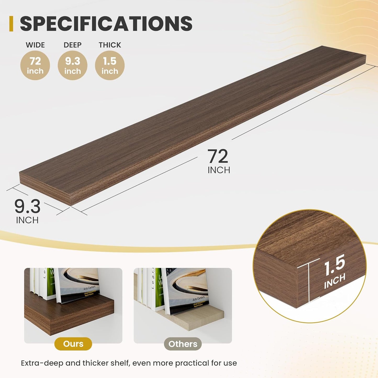 72 Inch Floating Shelves, 9.3" Deep Floating Shelf Wall Mounted, 72" Wall Shelves, Rustic Deep Bookshelf, Large Display Shelves & Storage Shelves for Bedroom, Living Room, Walnut, Set of 1