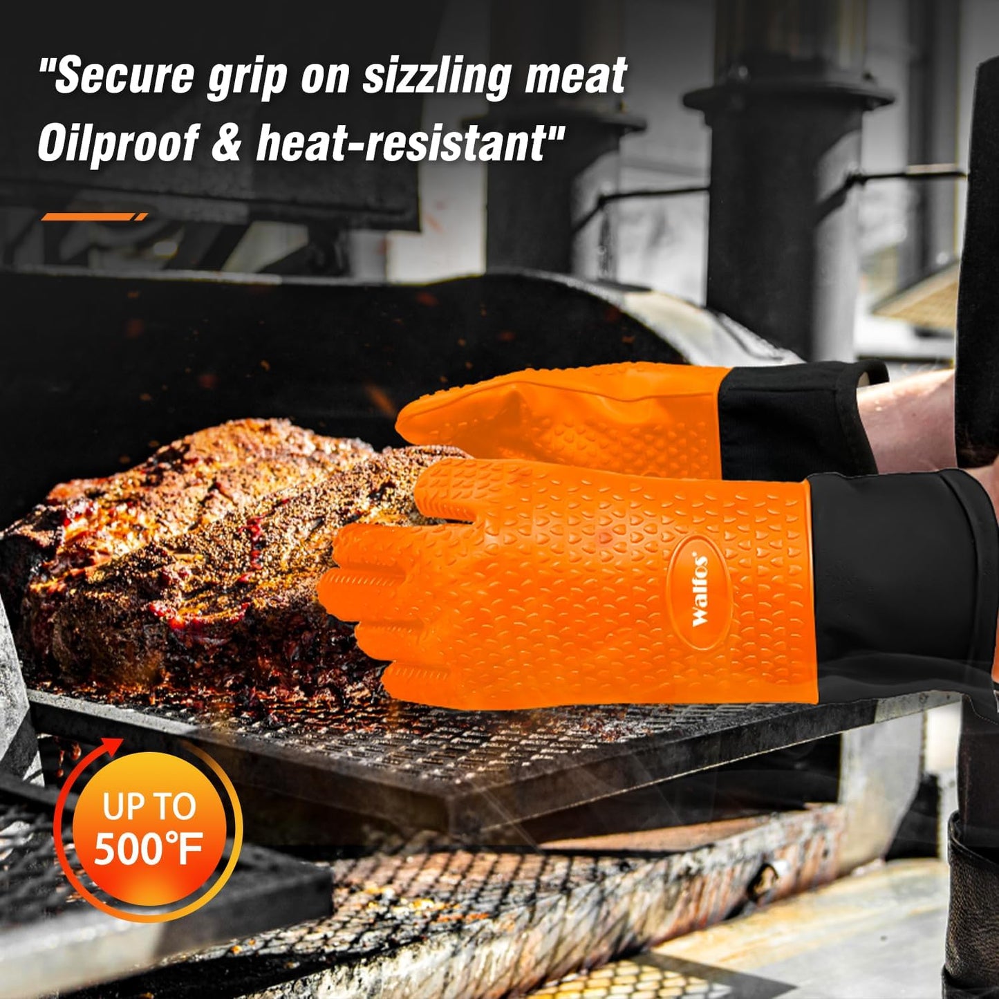 Walfos Silicone BBQ Gloves - Heat Resistant Grilling Gloves, Premium Non-Slip Kitchen Oven Mitt with Protective Cotton Layer Inside, Waterproof, Great for Grilling, Kitchen and Cooking, Orange