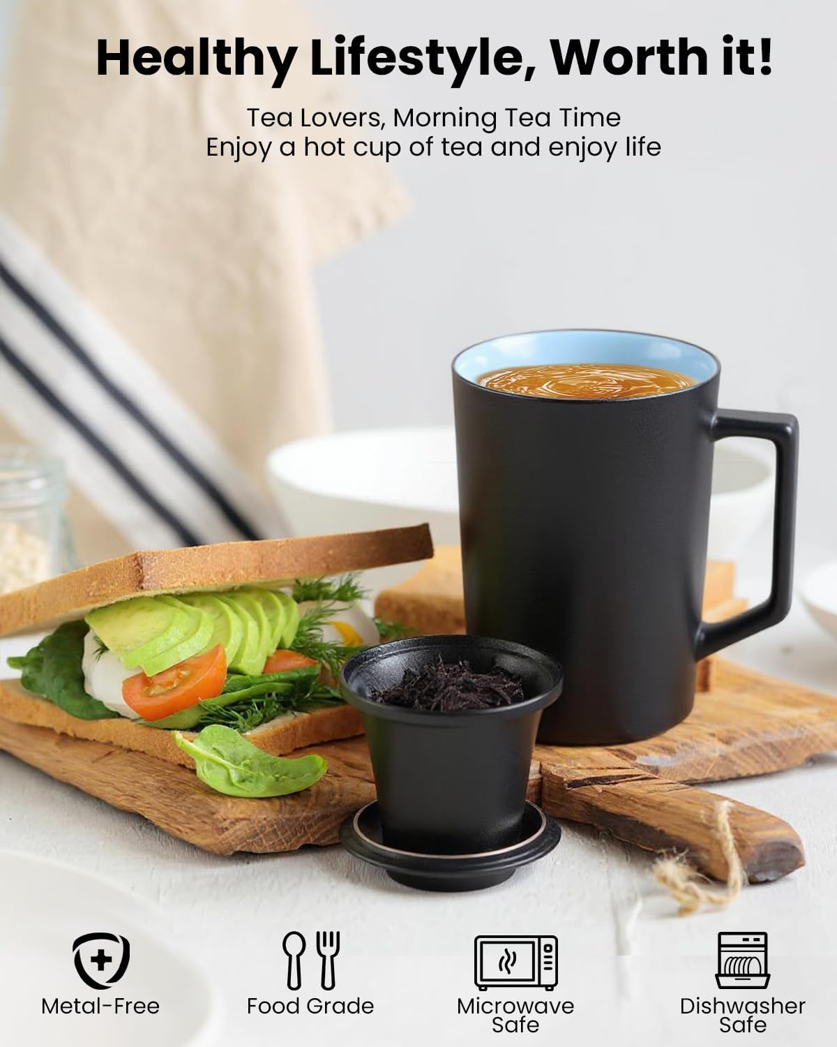 15 OZ Porcelain Tea Infuser Cup with Lid,Ceramic Tea Mug with All-Porcelain Strainers for Loose Leaf Teas,Microwave and Dishwasher Safe Coffee Mug,Metal-Free,BPA-Free,Gifts for Tea-Lover (Black)