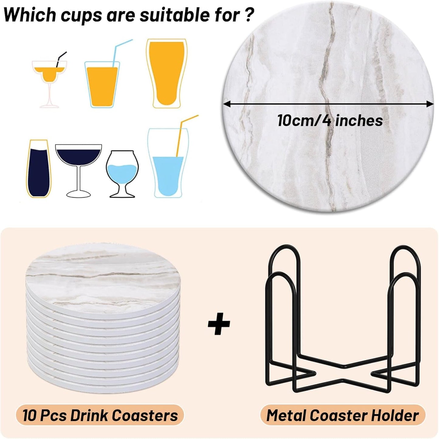 Caffox Coasters Set of 10, Absorbent Drink Coasters with Holder, Marble Style Ceramic Coaster for Wooden Table, Home Decor, 4 Inches(Griege)