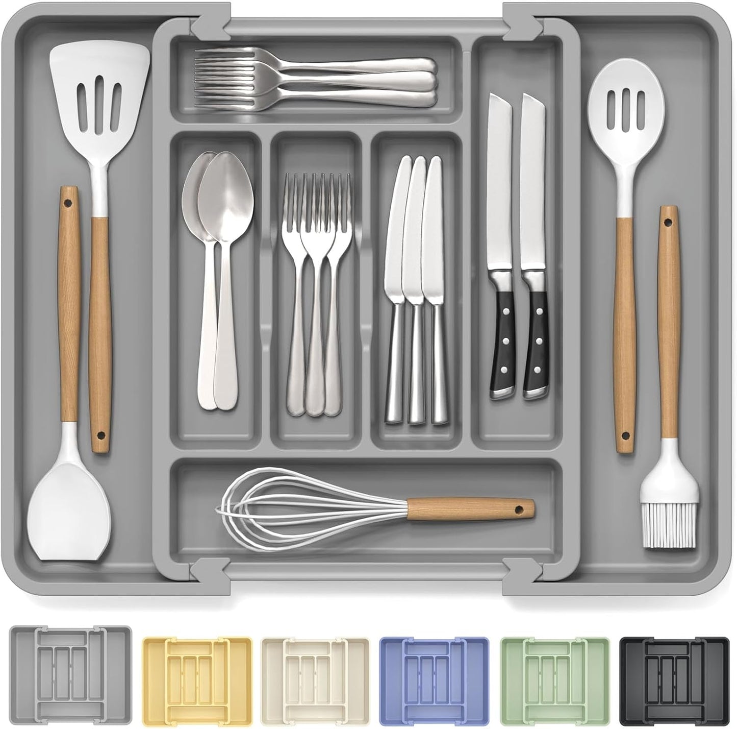 Caperci Large Silverware Organizer for Kitchen Drawer & Utensils - Expandable Drawer Organizer for Cutlery, Flatware & Gadget, BPA-Free Thick Plastic, Wider Compartments & Non-skid Feet (Medium Gray)