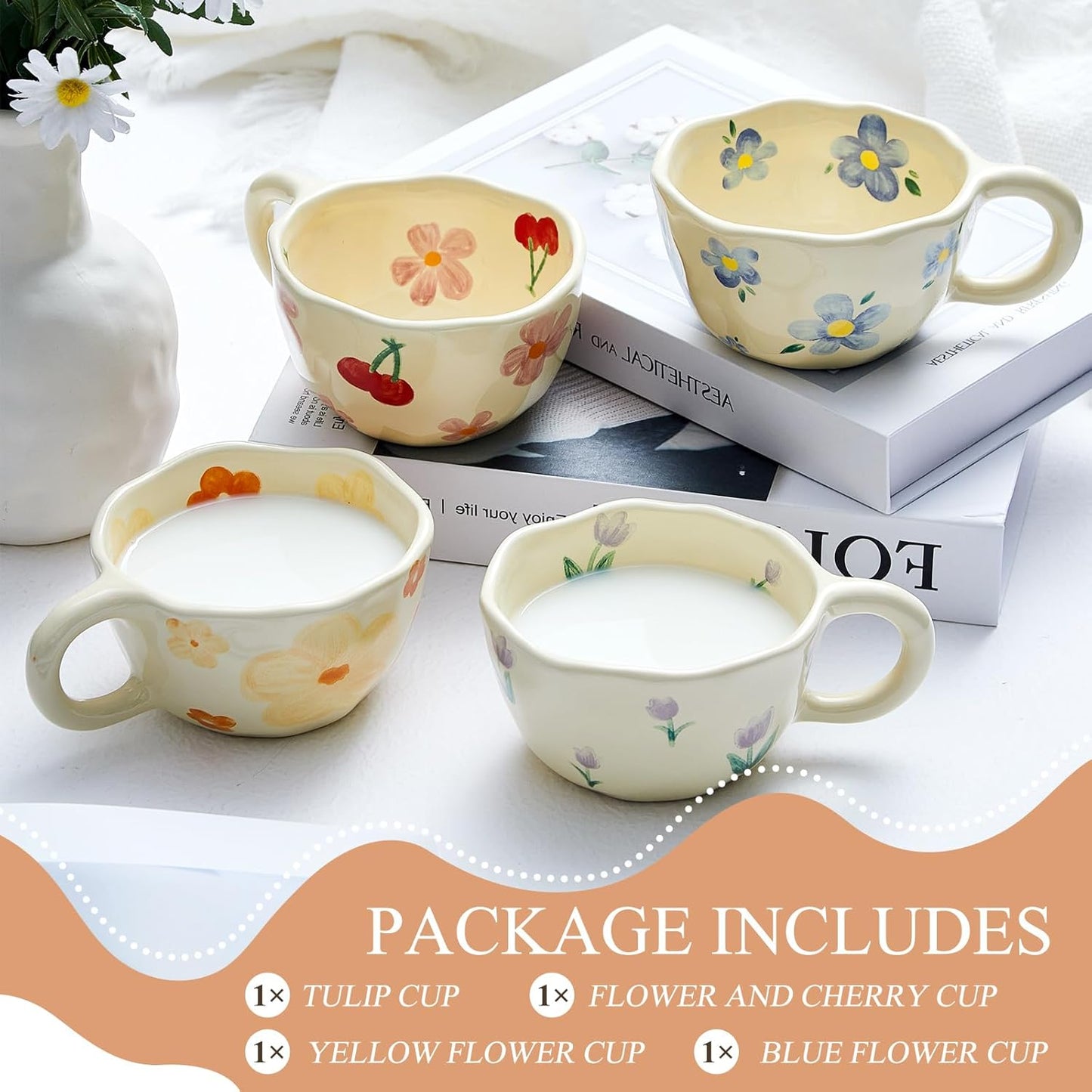 Vesici 4 Styles Cute Ceramic Flower Coffee Mug Set 8. 5 oz Vintage Aesthetic Porcelain Floral Tea Coffee Cup with Handle Dishwasher Microwave Safe for Woman Girls Gifts