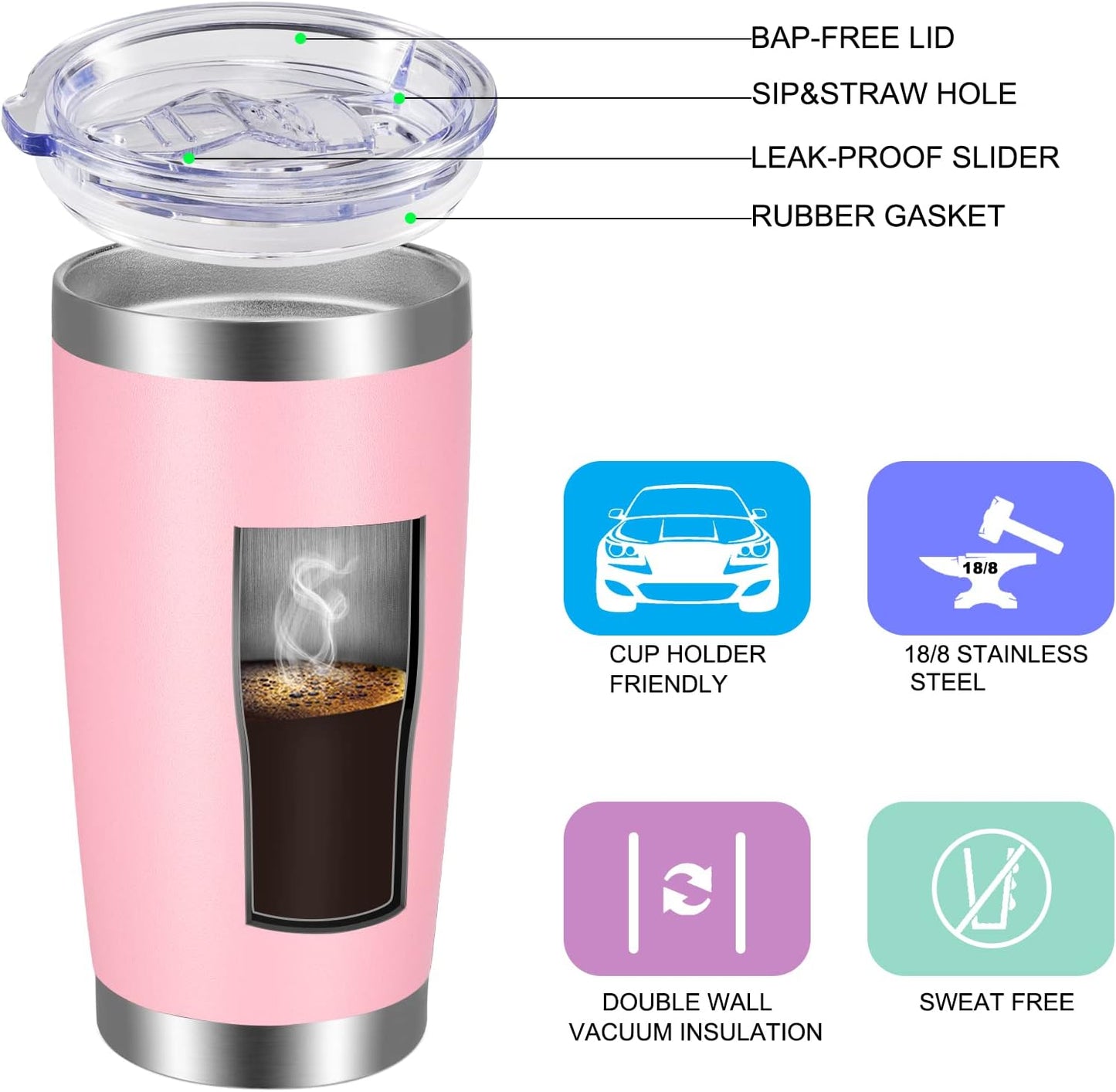 VEGOND 20oz Tumbler with Lid and Straw Stainless Steel Tumbler Cup Vacuum Insulated Double Wall Travel Coffee Mug Powder Coated Coffee Cup(Pink 1 Pack)