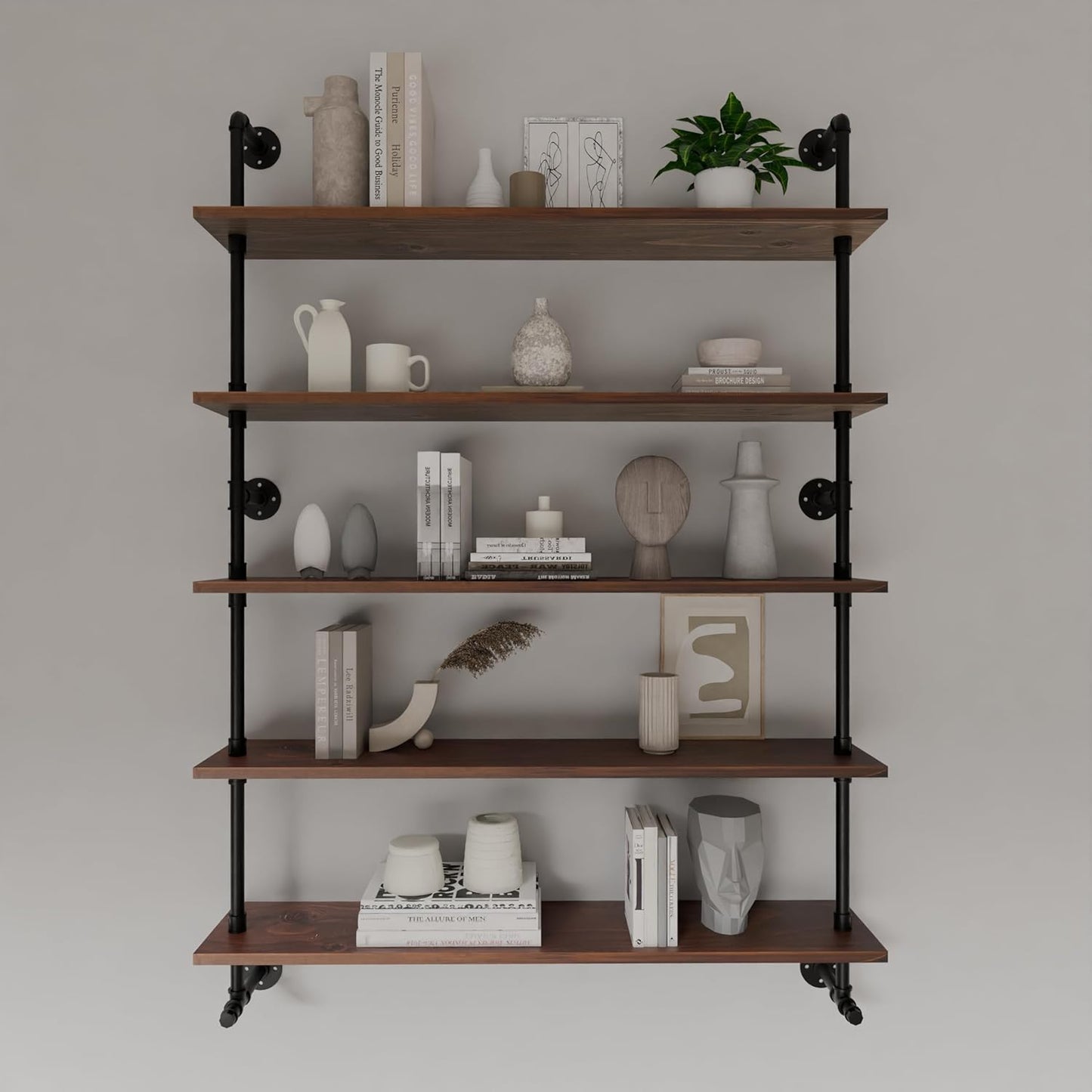 Industrial Pipe Wall Shelves Pipe Shelving with Real Wood Plank ,48 Inches Floating Shelves for Wall Farmhouse Pipe Book Shelves Dark Brown 5 Tier for Kitchen,Living Room Decor and Bar Shelving