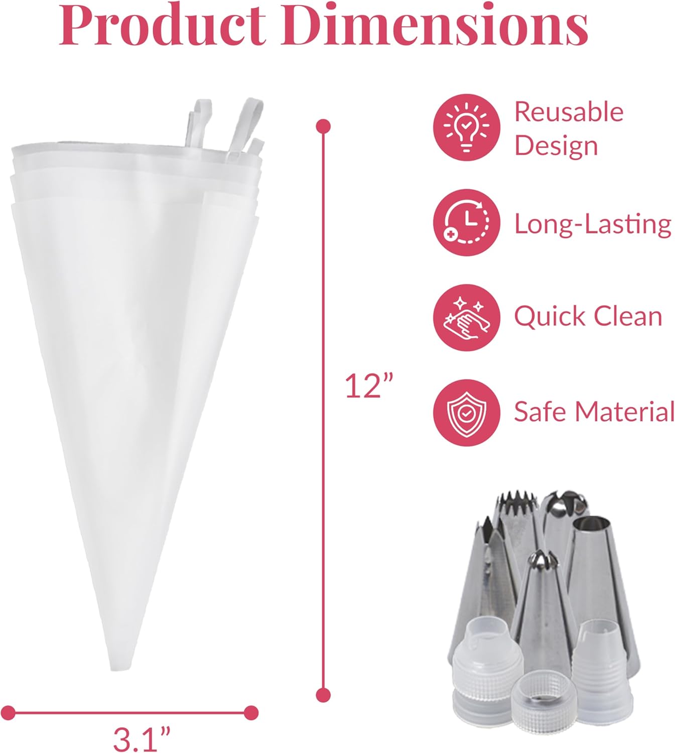 Prestee Reusable Piping Bags and Tips Set - 5 TPU 12-Inch Piping Bags with 5 Metal Icing Tips and 2 Couplers - Flexible and Durable Frosting Piping Kit for Cake Cupcake Cookie Decorating - Transparent