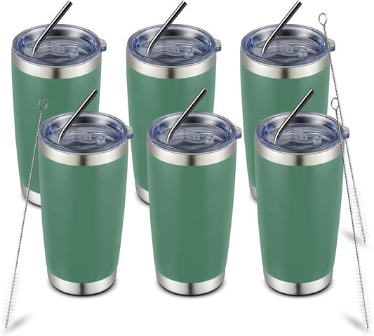 COMOOO 20oz Double Wall Vacuum Insulated Travel Mug, Stainless Steel Tumbler with Lid and Straw Durable Powder Coated Insulated Coffee Cup for Cold & Hot Drinks（Dark Green, 6 Pack