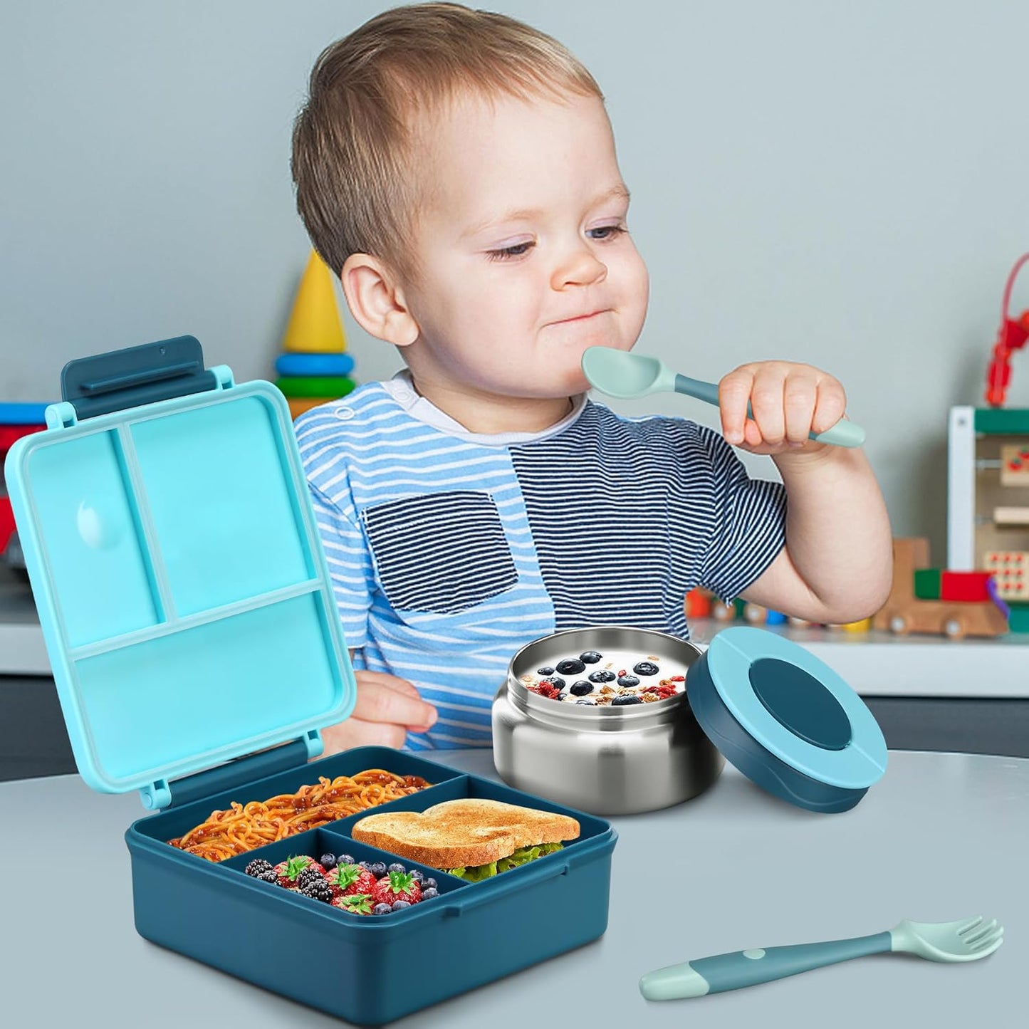 Bento Lunch Box for Kids with 8oz Soup Thermo&Lunch Bag, Leak-Proof Lunch Food Containers with 4 Compartment, Hot Food Insulated Food Jar for Kids School (Blue)